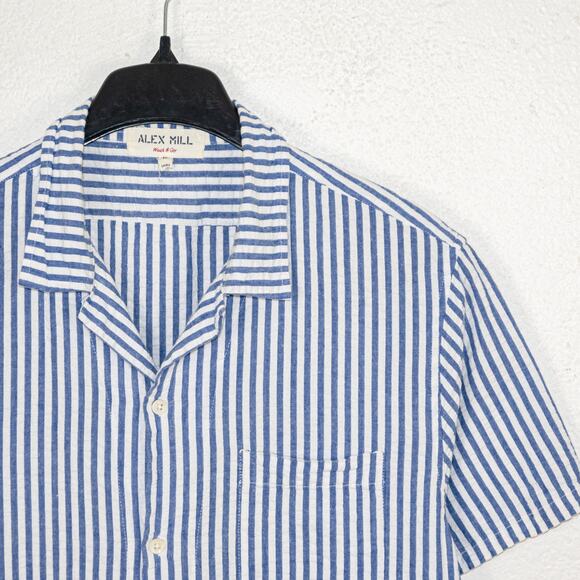 ALEX MILL Men's Seersucker Camp Shirt Blue striped Short Sleeve sz Large - Picture 3 of 7